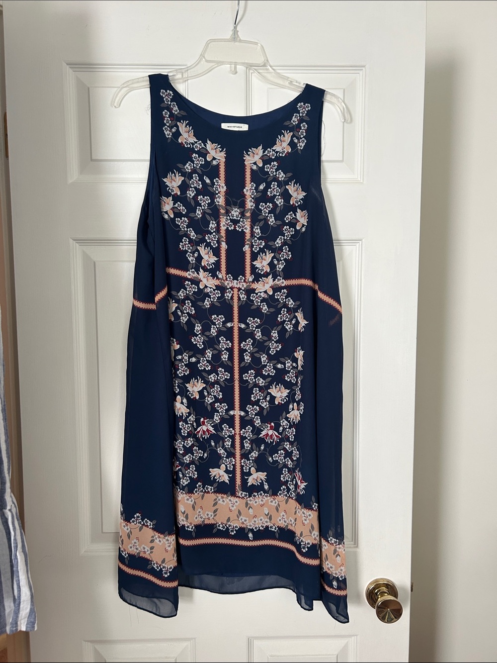 Max Studio Navy Midi Dress with Pink Floral Border
